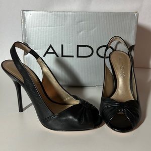 Aldo Sitka Satin Black Peep Toe Heeled Sandal